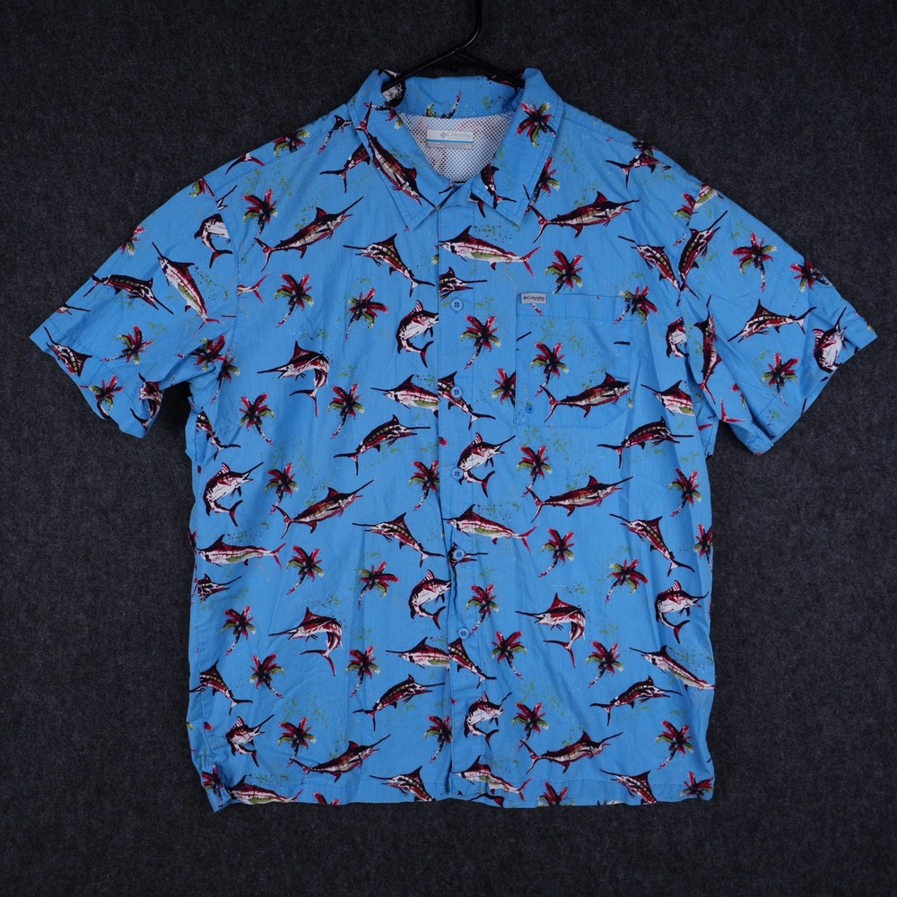 Columbia PFG Marlin Palm Tree Fishing Shirt Mens Large Blue Short Sleeve Exc